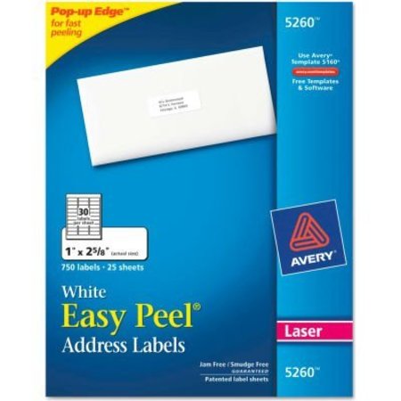 AVERY Avery® Easy Peel Laser Address Labels, 1 x 2-5/8, White, 750/Pack 5260